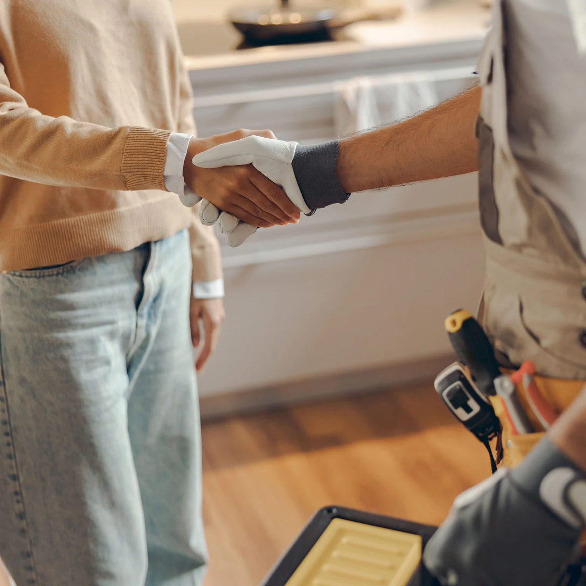 Customer shaking hand of plumber